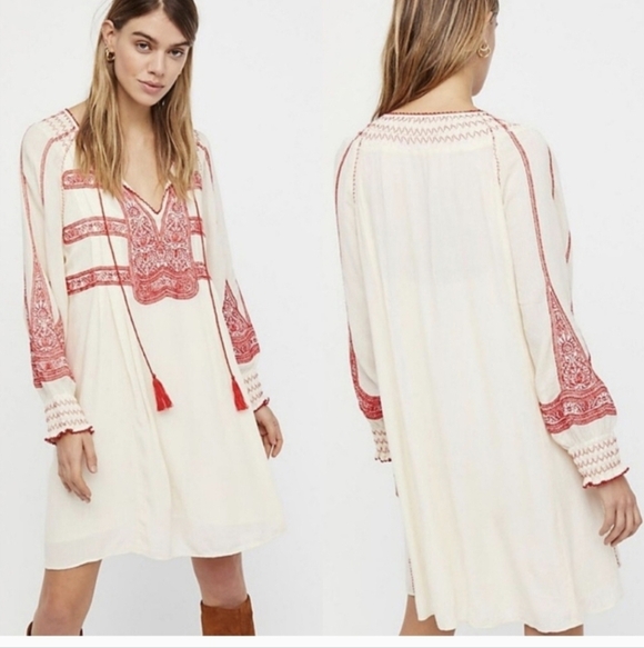 Free People Dresses & Skirts - Free People Wind Willow Gauzey Split Neckline Embroidered Tunic Mini Dress(S)